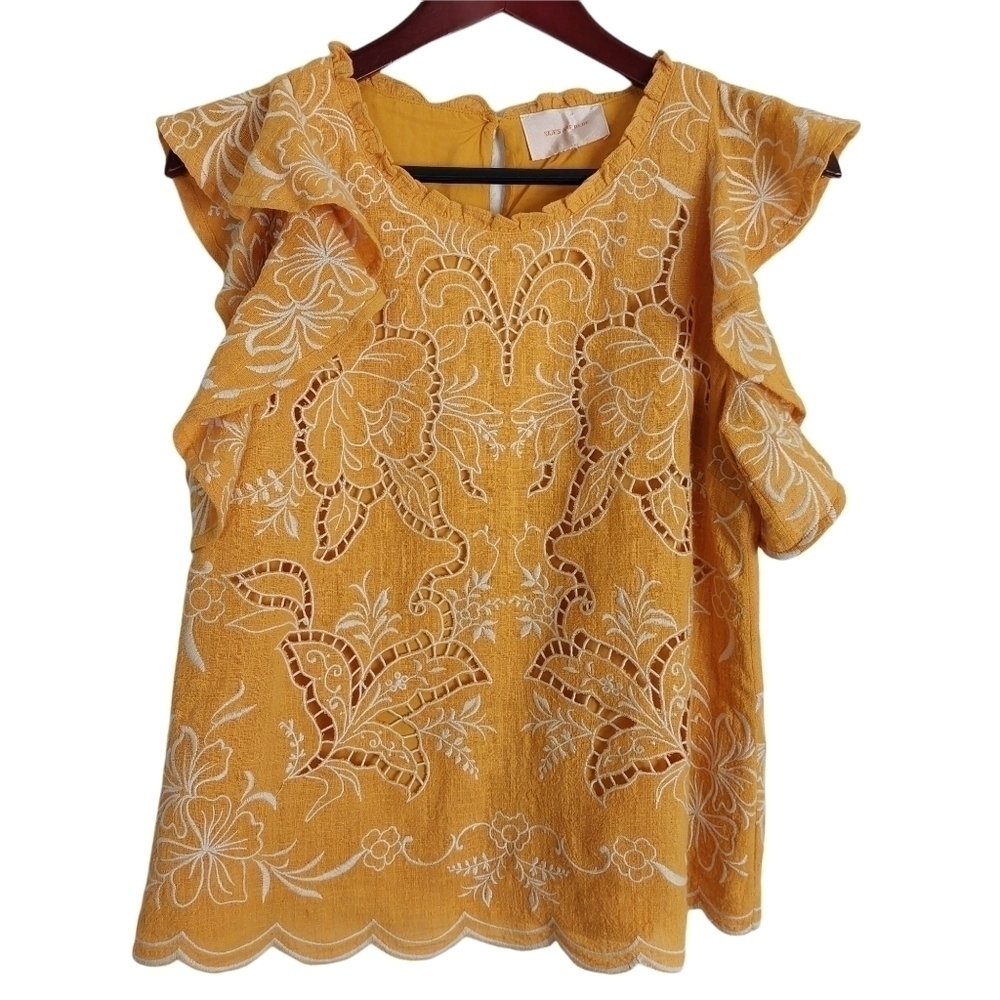 Skies Are Blue Yellow Embroidered Ruffle Sleeve Blouse